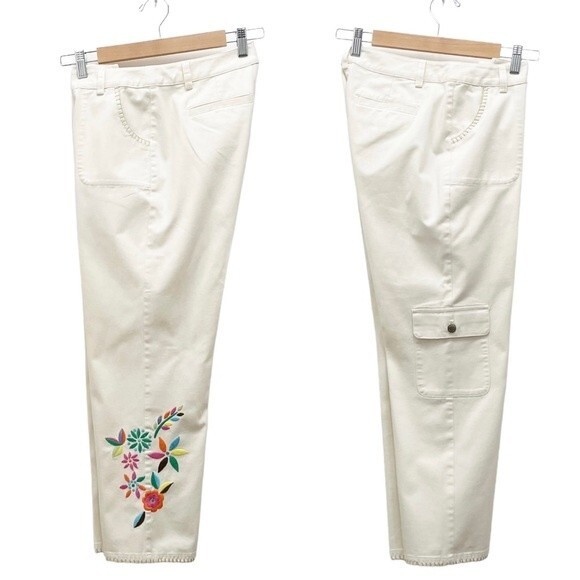 Sigrid Olsen Cream Pants Floral Embroidered Cropped Poet Pant Women’s Size 4 - Picture 9 of 15